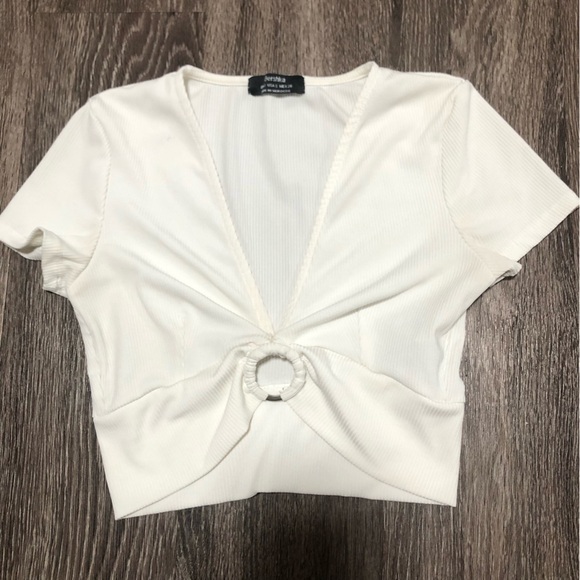 Bershka Tops - Bershka White Ribbed Ring Detail O-Ring Crop Top - Small